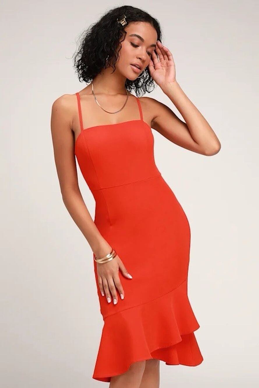 Lulus Irresistible Ways Red Orange Ruffled Midi Dress | Medium New with Tags